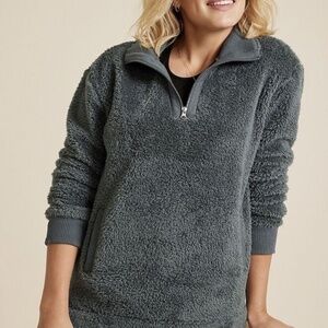 Maurices NWT Size Large Sherpa Pullover Sweatshirt Quarter Zip Asphalt Green